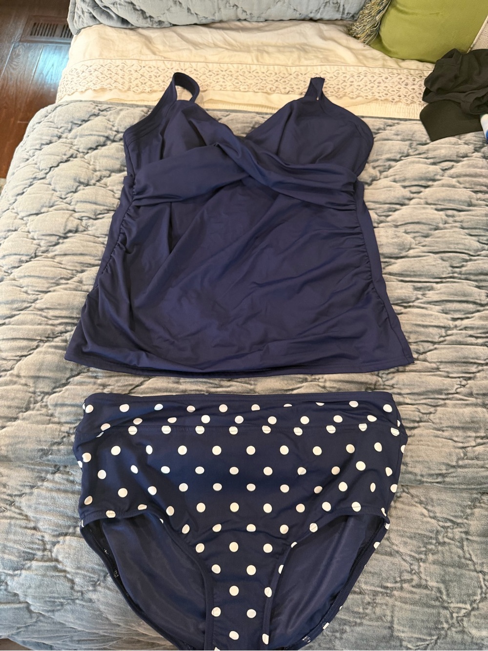 Lands' End Navy Blue Polka Dot Swimwear